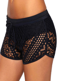 Drawstring Waist Lace Panel Black Swimwear Shorts