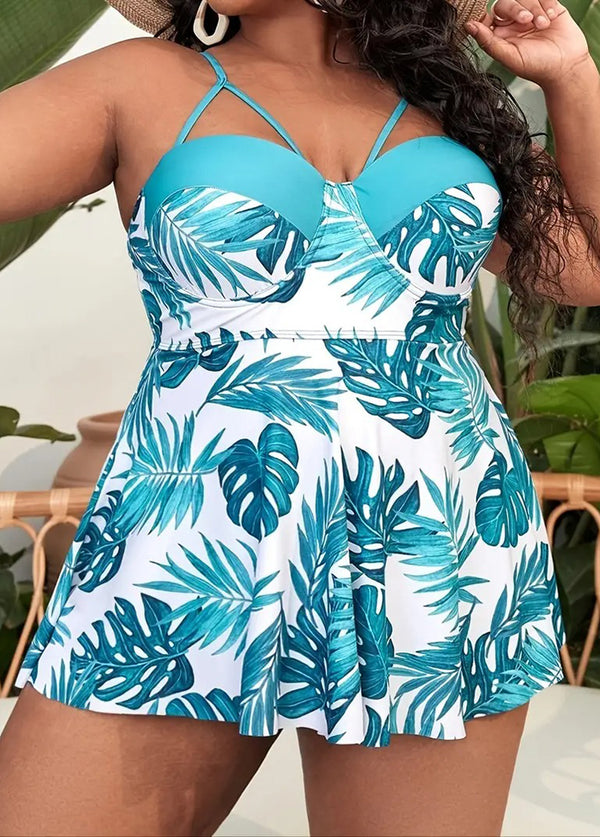Plus Size Tropical Print Cut Out Swimdress