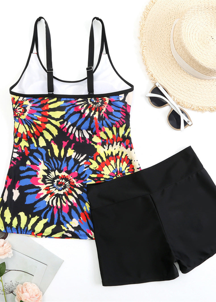 Spaghetti Strap Leaf Print Tankini Set