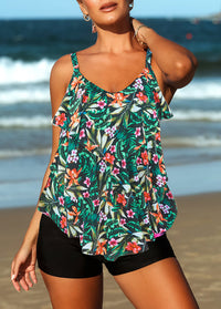 Layered Hem Plant Print Tankini Set