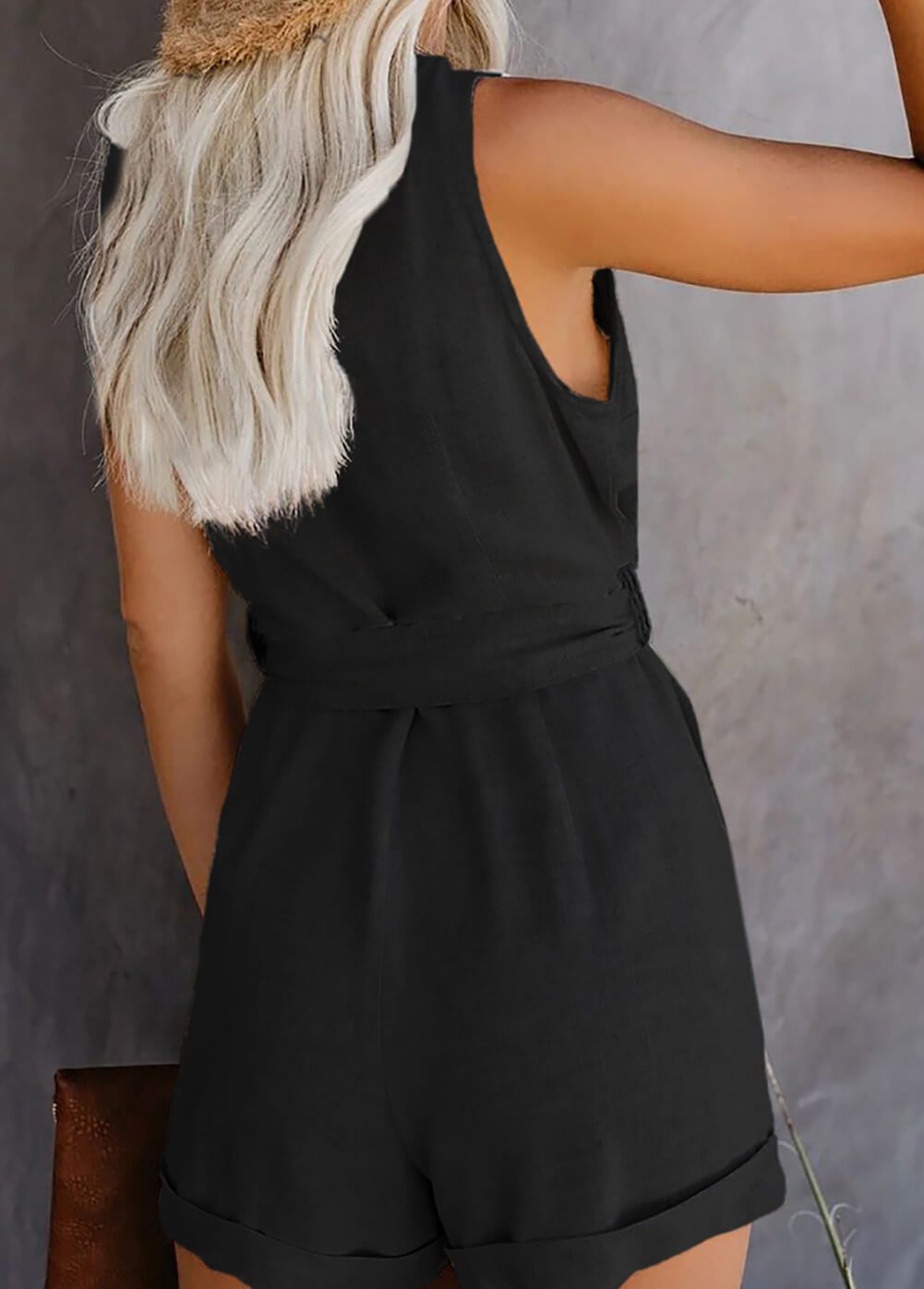 V Neck Bottom High Waisted Romper With Belt