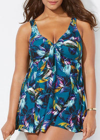 Leaf Print Wide Strap Bowknot Swimdress