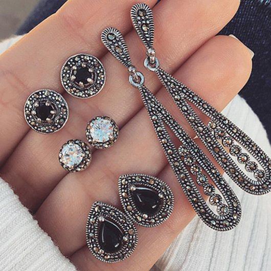 8pcs Vintage Silver Metal Rhinestone Embellished Ear Studs - fashionyanclothes
